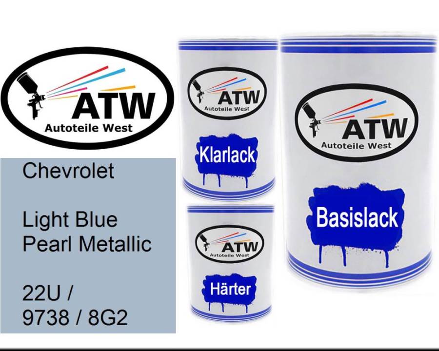 Chevrolet, Light Blue Pearl Metallic, 22U / 9738 / 8G2: 500ml Lackdose + 500ml Klarlack + 250ml Härter - Set, von ATW Autoteile West.